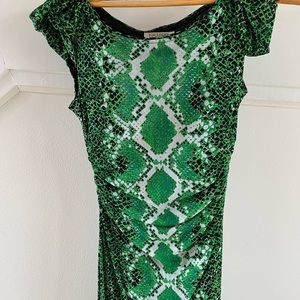 Green snakeskin print stretch mesh dress by Kay Unger.  Cap sleeves, knee length